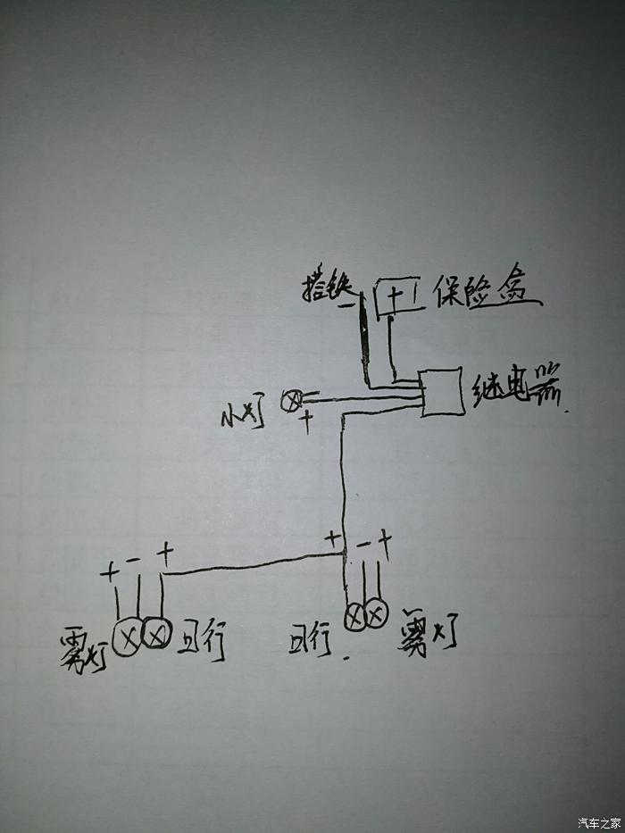 小灯正极接继电器85端,搭铁接继电器86端,保险盒正极接30端,日行灯