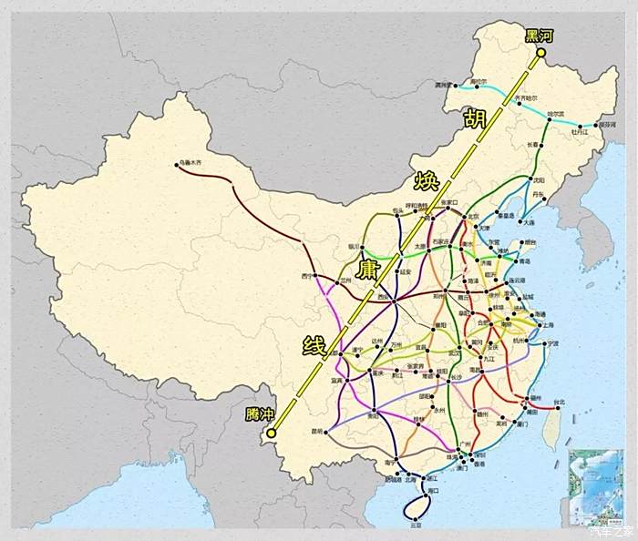 中国"八纵八横"高速铁路网几乎都在胡焕庸线的东侧,图by李超