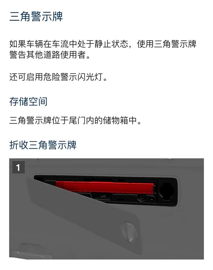 三角警示牌位于尾门内的储物箱中.