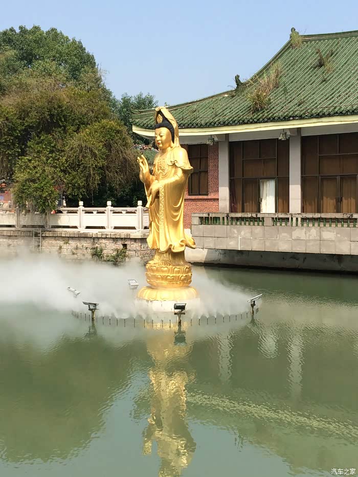 寺庙旁池塘,金像观音玉立水中