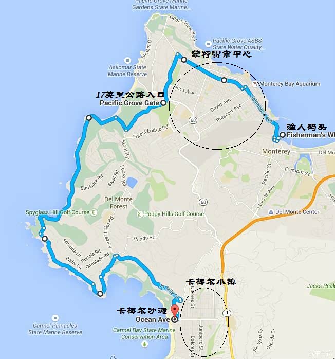 蒙特雷,卡梅尔和17英里公路地图.