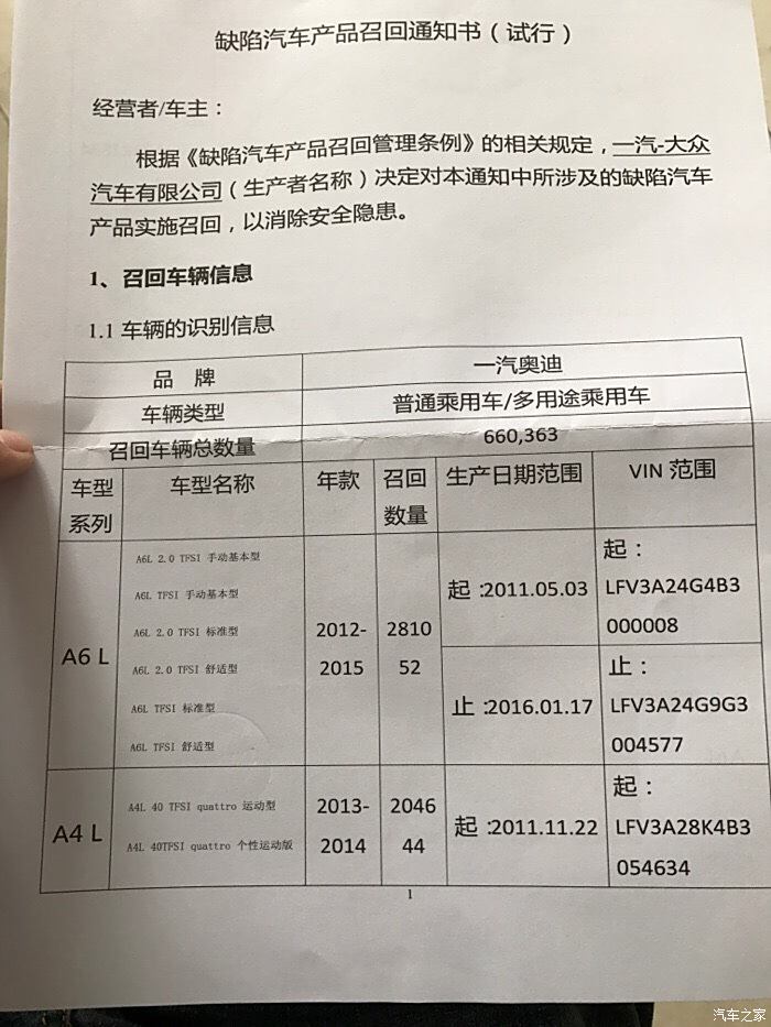 大早上收到个缺陷汽车产品召回通知书