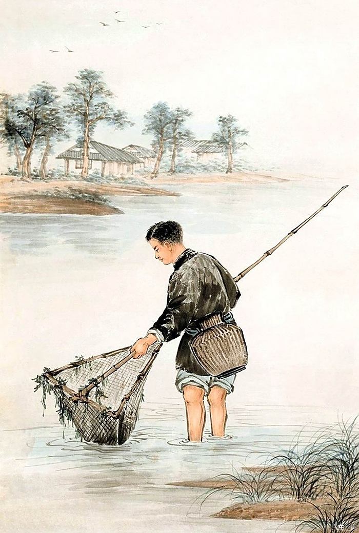 捕鱼农民画图片
