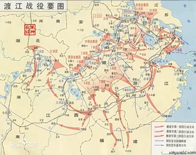 这幅图就渡江战役战略要图主要以江为线解放军分为个阶段行动箭头所示