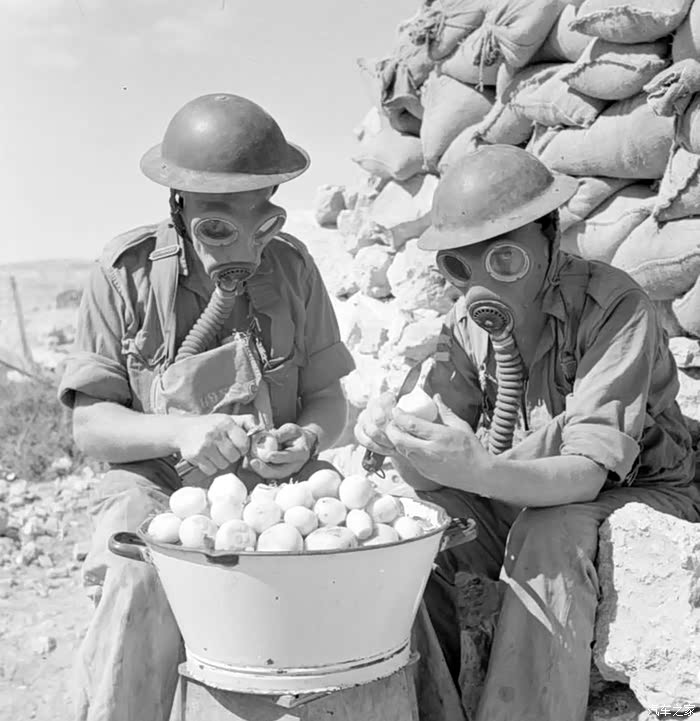 1941年,利比亚托布鲁克,戴着防毒面具剥洋葱的英国士兵.