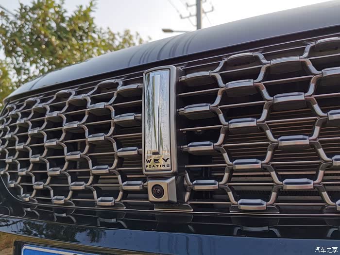 wey竖形车标,个性十足,镶嵌在网格中看起来很醒目