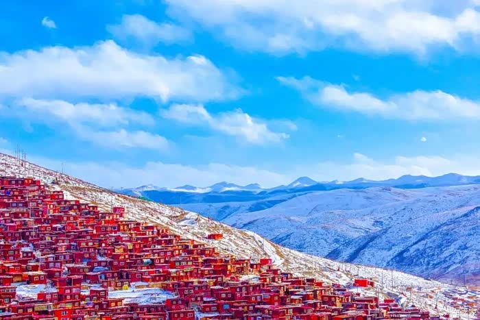 冬天的色达大雪纷飞那一座座红色的房屋和洁白的雪相融在一起