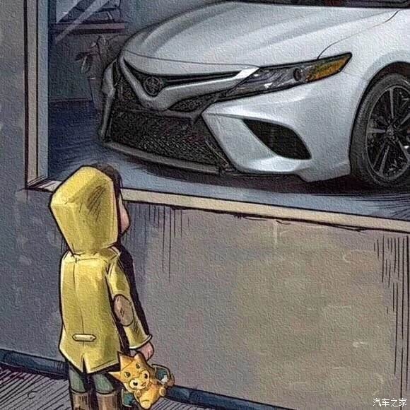求一张动漫图,一个小孩看橱窗里的汽车,凯美瑞运动版本的