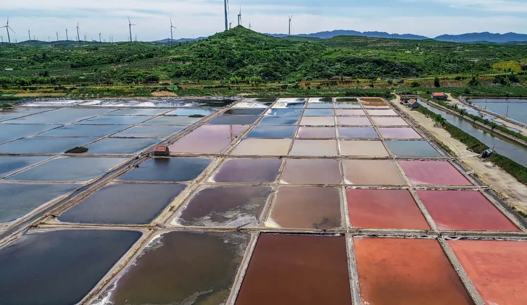 山东海边多彩盐田,犹如一个天然的调色板