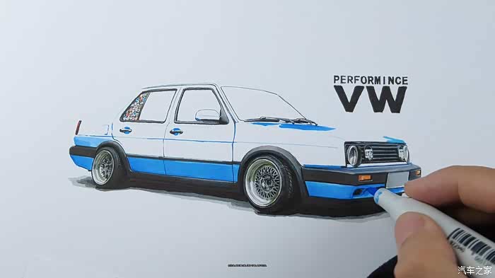 不止画车马克笔手绘不老传奇蓝色改装捷达mk2