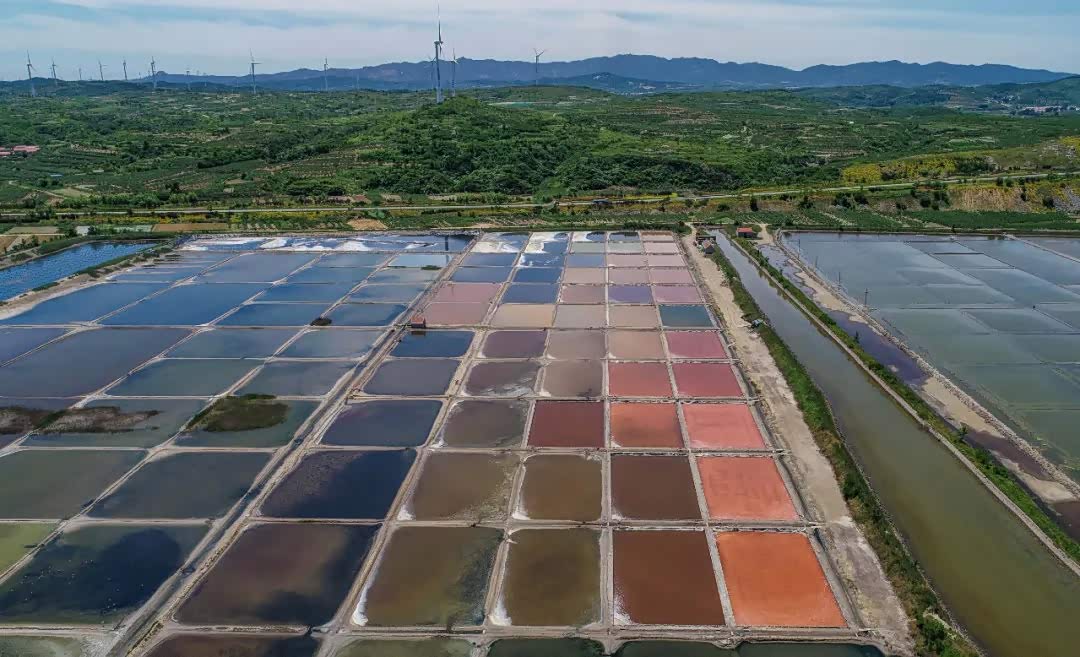 山东海边多彩盐田犹如一个天然的调色板,航拍镜头下显得特别壮观