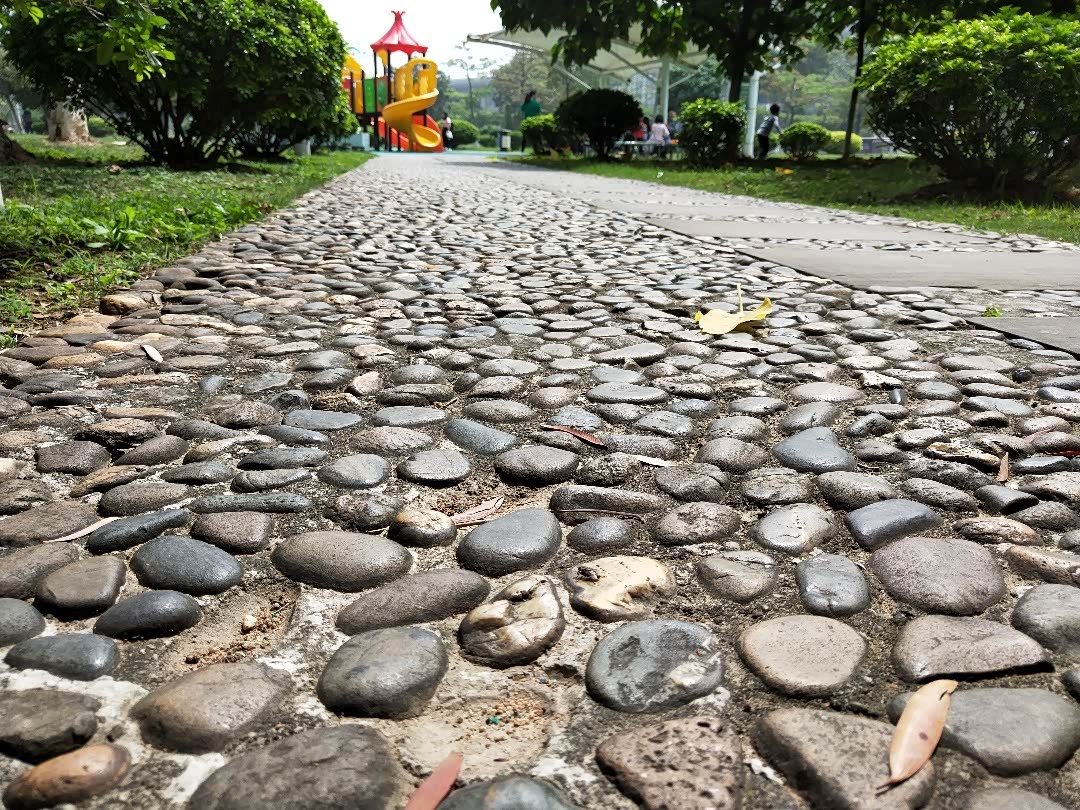 用鹅卵石铺的路面.走在上面感觉觉得是很舒服.