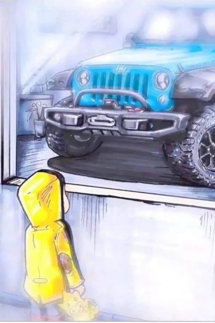 牧马人小孩橱窗看车牧马人