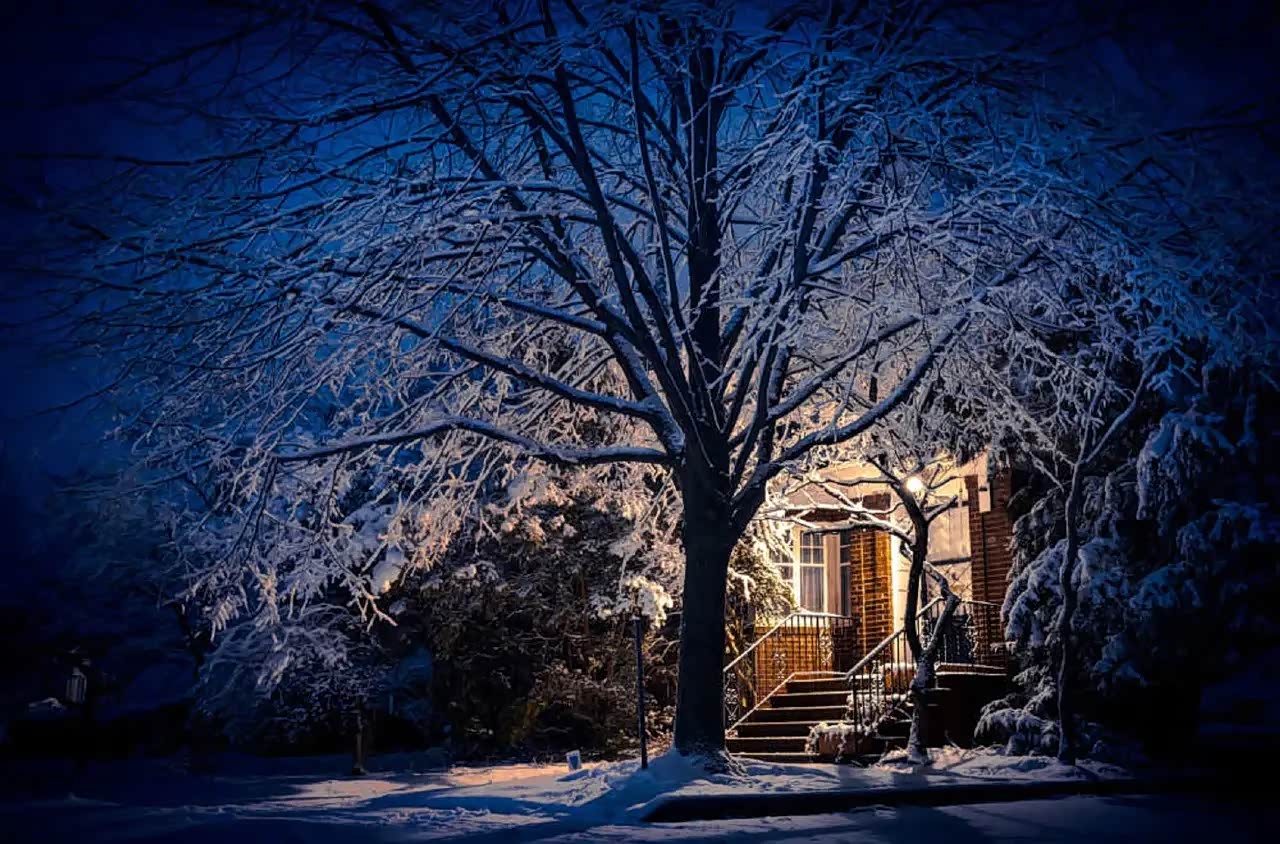密雪夜来积欣赏美丽的夜色雪景