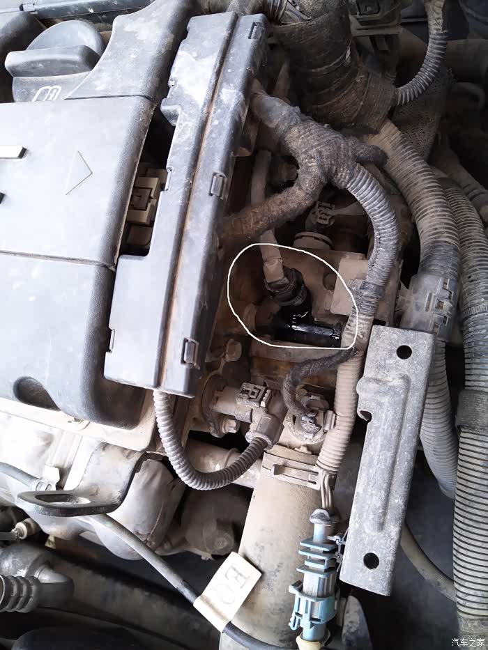 发动机黄色标志这里漏油大神看看是啥问题我自己能否搞定