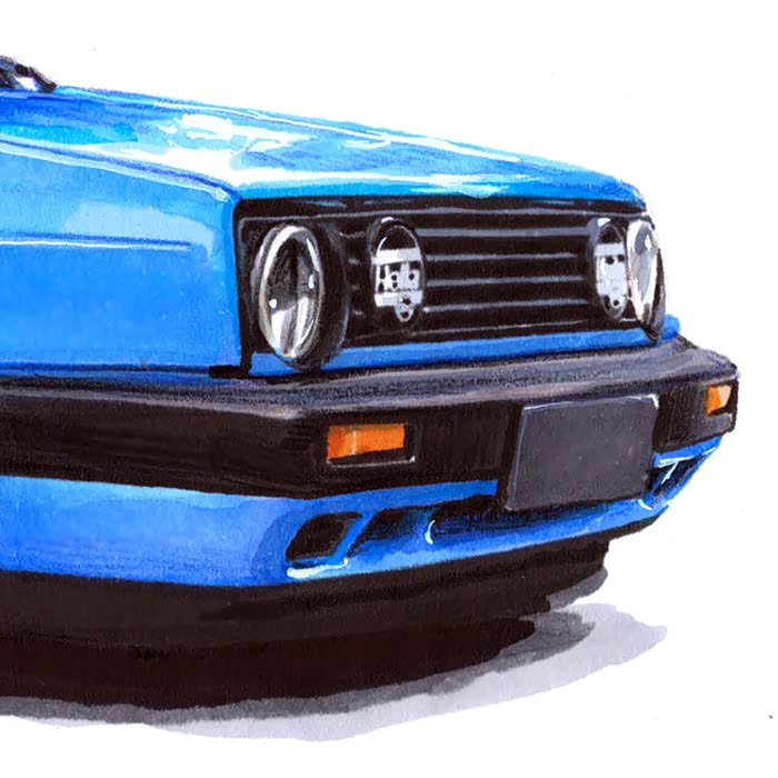 不止画车马克笔手绘不老传奇蓝色改装捷达mk2