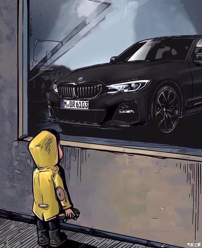 想找一张小孩在看橱窗里宝马3系动漫的照片