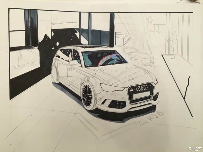 奥迪rs6彩铅手绘